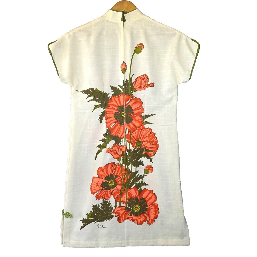 Vtg 60s ALFRED SHAHEEN Poppy Print Hawaiian Cheongsam Dress Hand Printed Hawaii - Picture 7 of 16